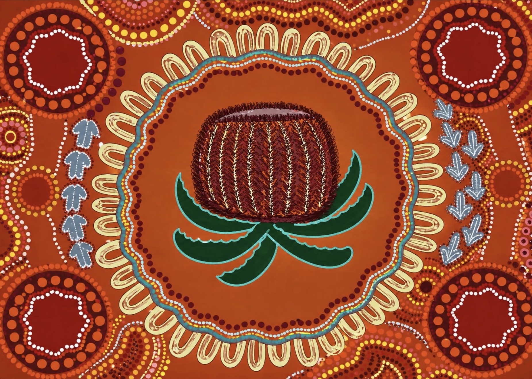 Dhiinaa — Banksia artwork by Taylor Edwards. Aboriginal dot-painting depicting a banksia flower at the centre surrounded by traditional iconography in burnt orange, ochre and earthy tones.