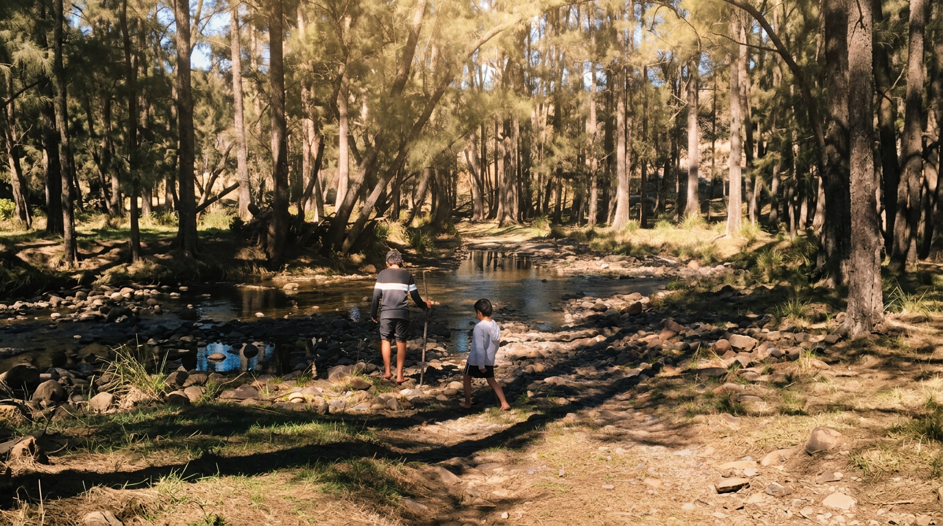 Two young people walking along a creek through eucalyptus and casuarina bushland on Country